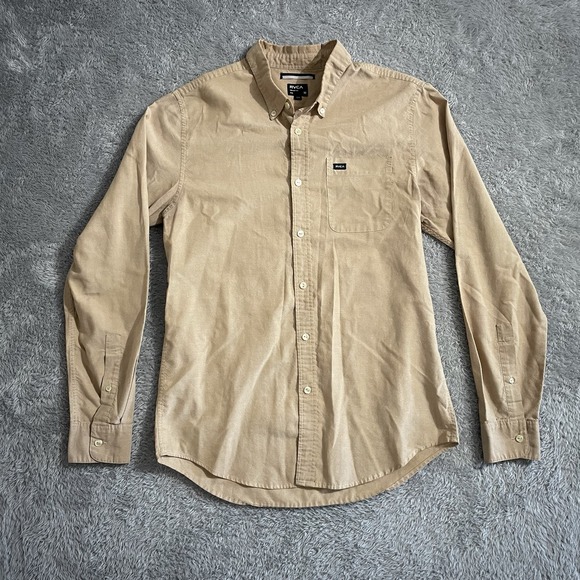 RVCA Shirt Mens Size Medium Slim Long‎ Sleeve Button Down Shirt Tan Pocket - Picture 1 of 7